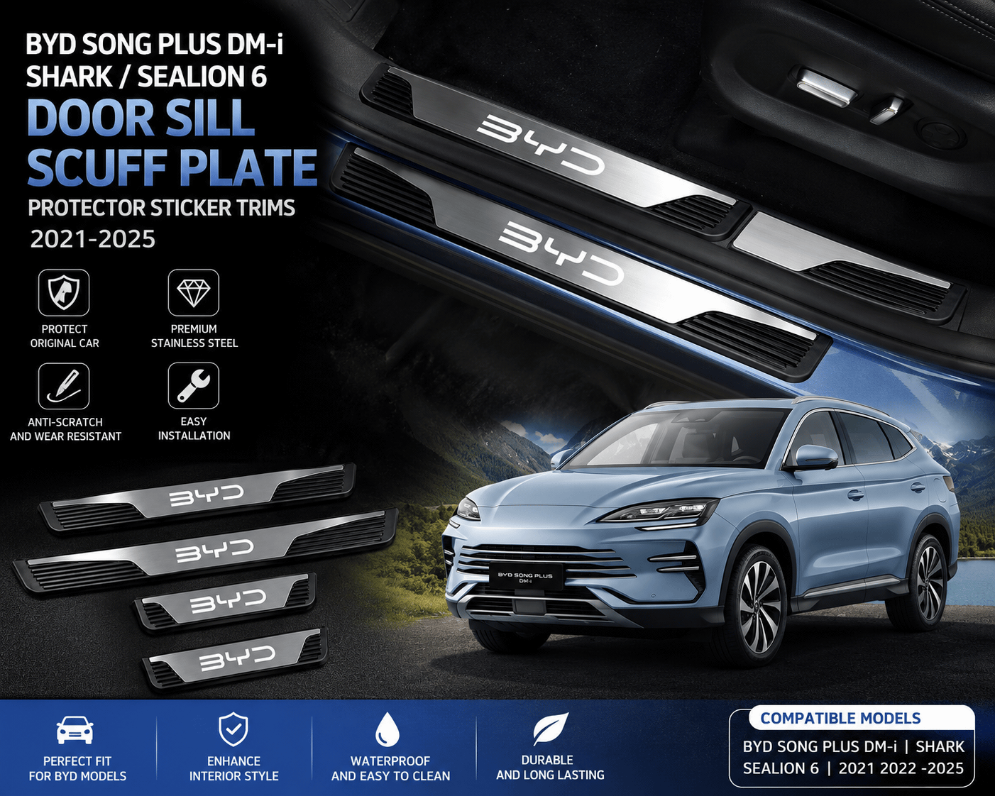 BYD Song Plus DM-i, Shark and Sealion 6 door sill scuff plate protector trims for 2021-2025 models.