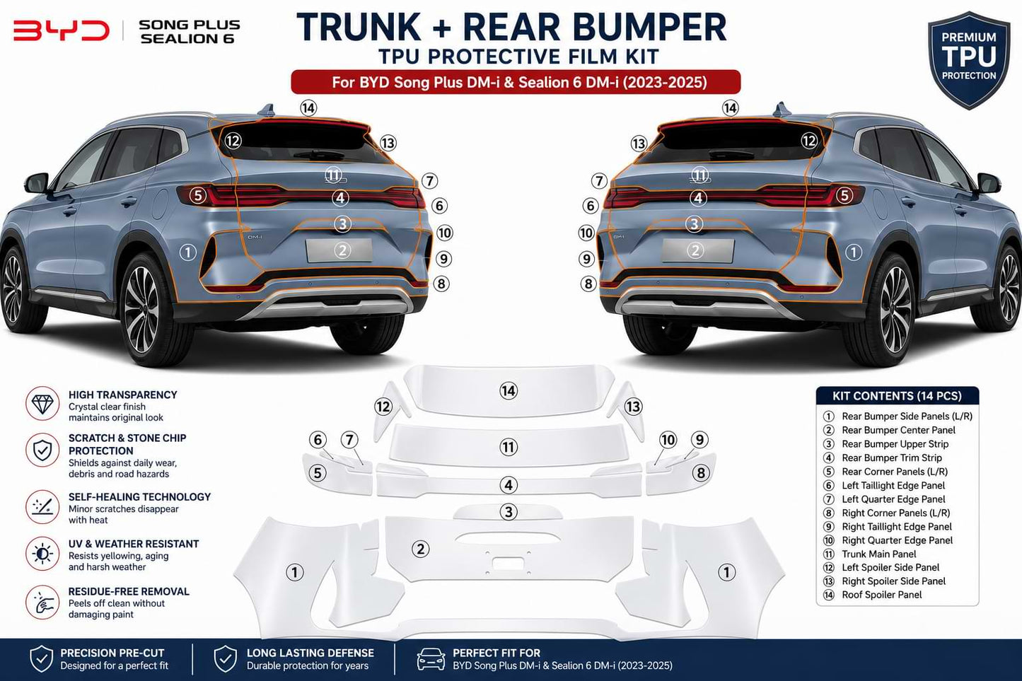 BYD Song Plus and Sealion 6 DM-i rear trunk and bumper TPU paint protection film installation diagram by BYD Accessories Store