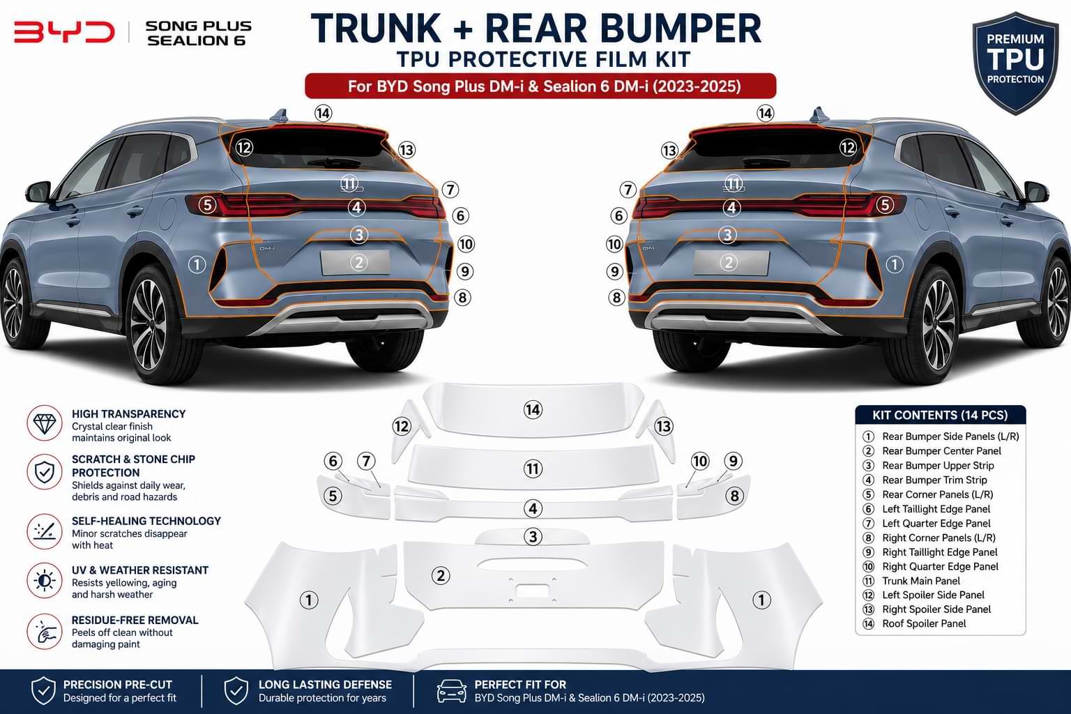BYD Song Plus and Sealion 6 DM-i rear trunk and bumper TPU paint protection film installation diagram by BYD Accessories Store