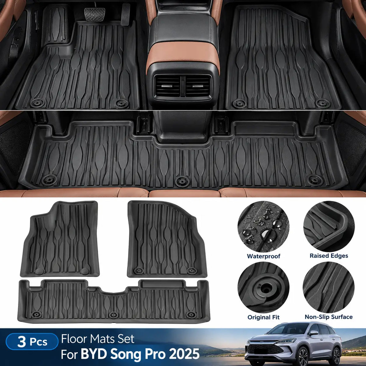 BYD Song Pro 2025 3-piece TPE floor mats with raised edges and non-slip surface