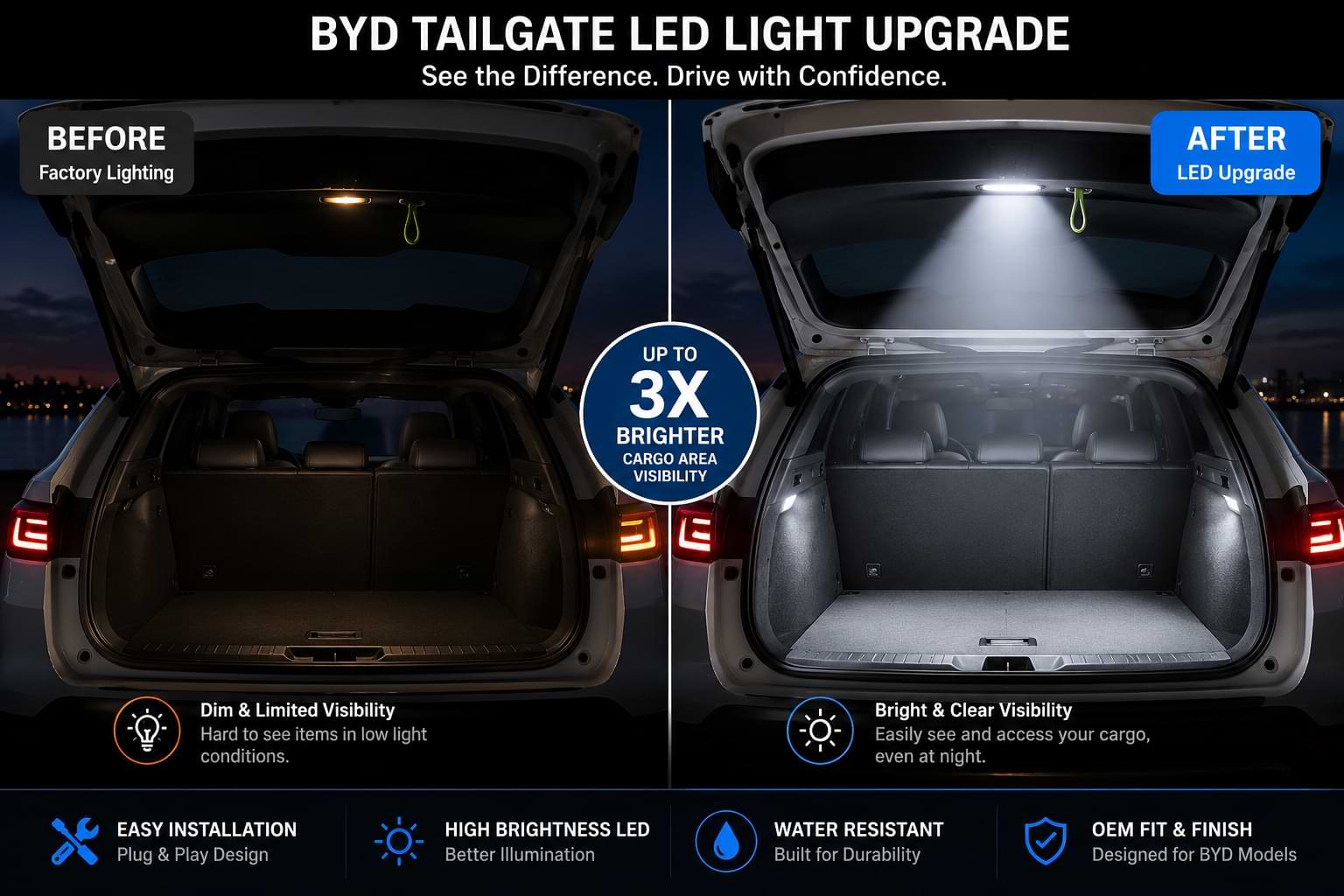 Before and After Comparison of BYD Tailgate LED Cargo Light Upgrade