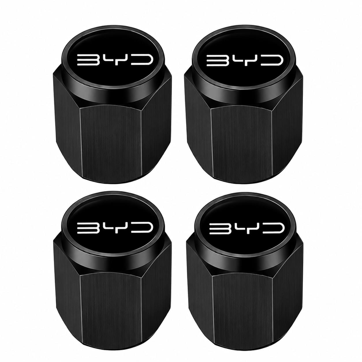 Four black tire valve stem caps with 'BYD' logo on a white background