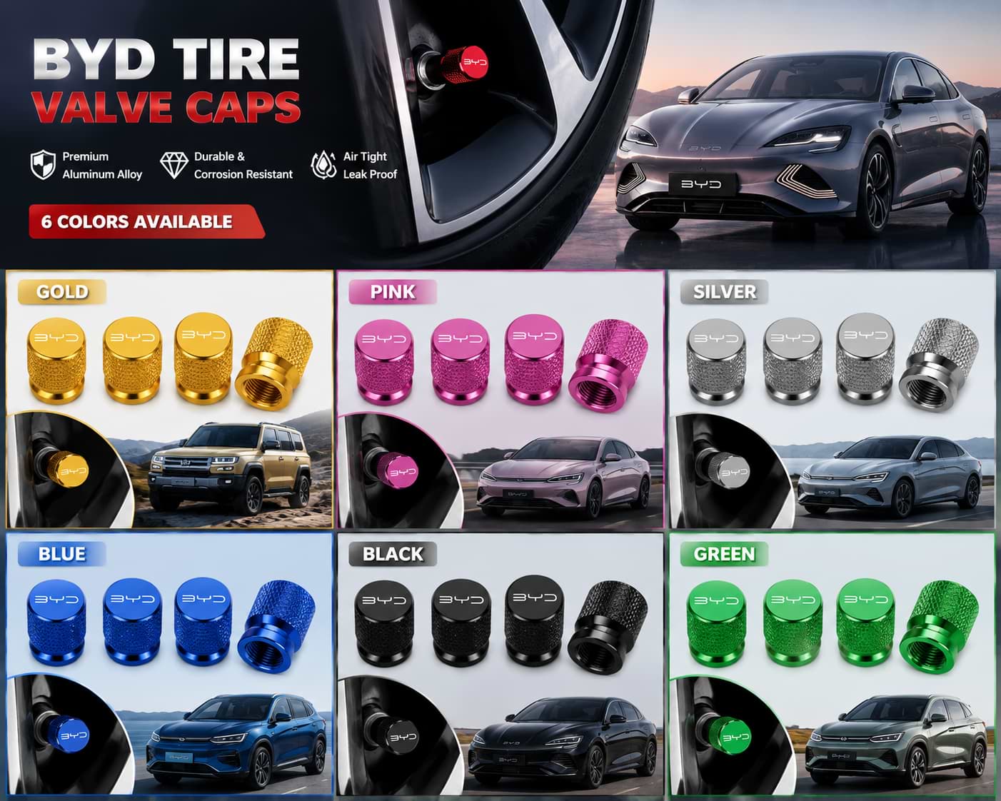 BYD Tire Valve Caps in Gold Pink Silver Blue Black and Green for Compatible BYD Models