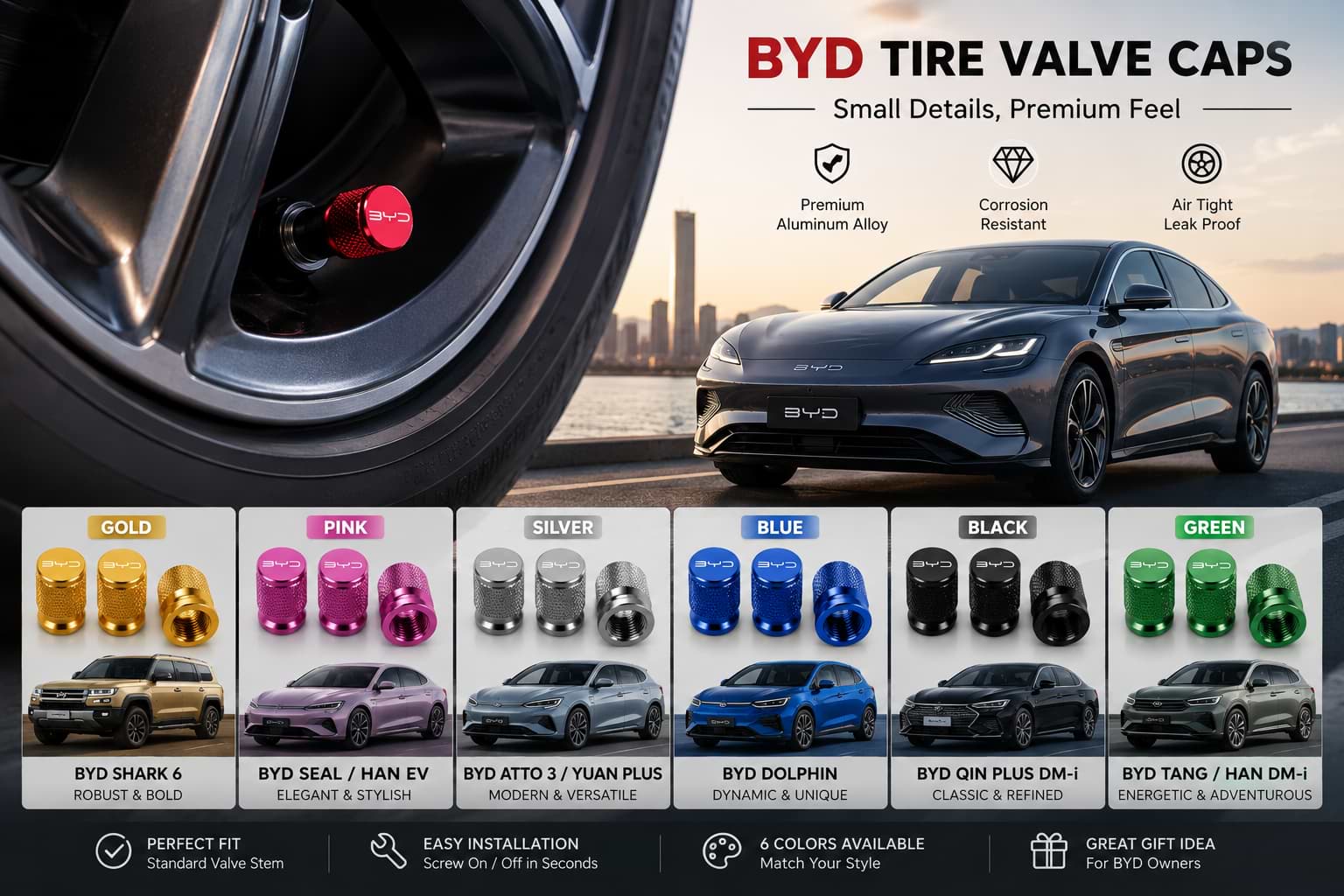 BYD Tire Valve Caps in 6 Colors for Shark 6, Seal, Atto 3, Dolphin, Han EV and Qin Plus DM-i