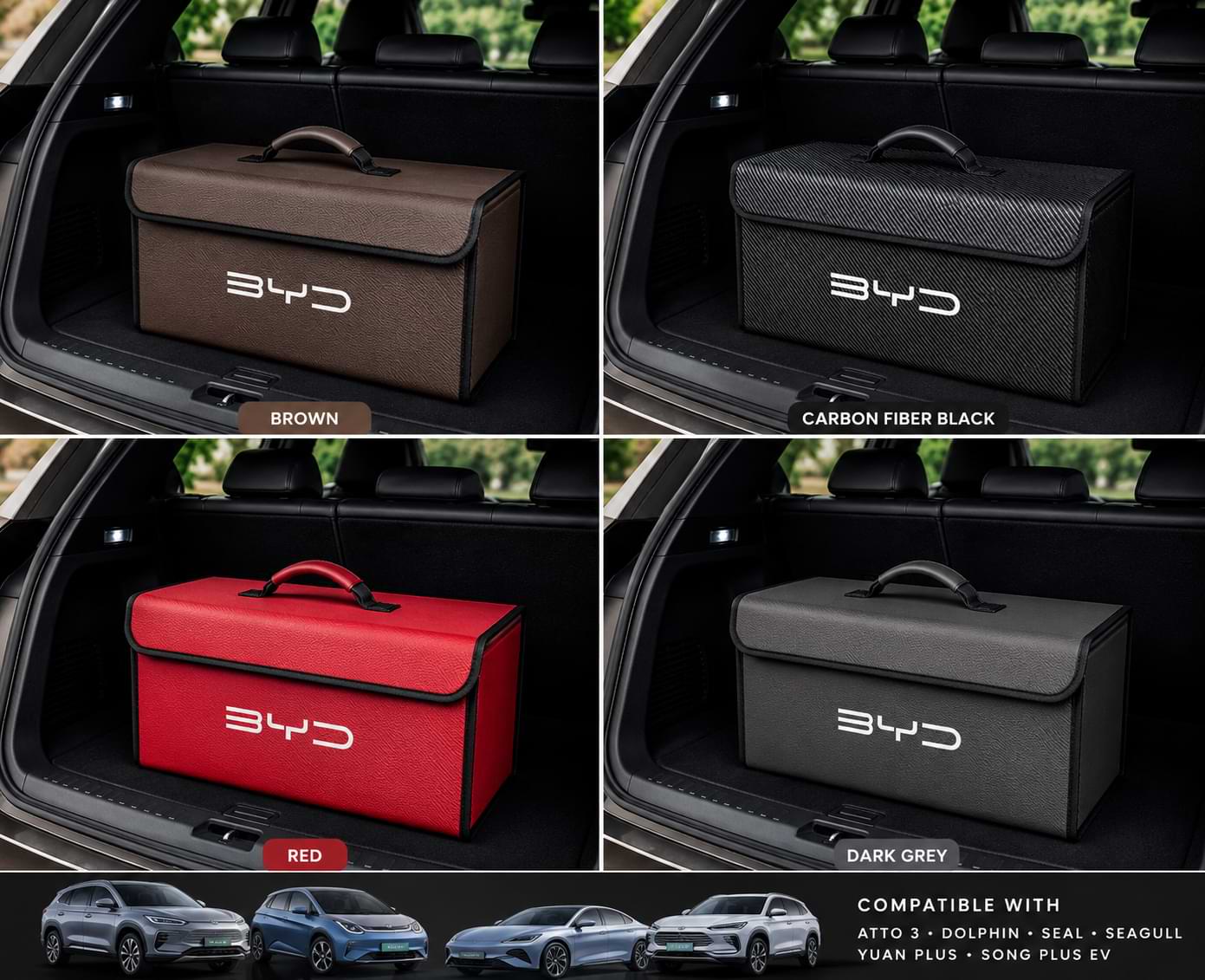 BYD trunk storage organizer box available in brown, carbon fiber black, red, and dark grey color options for BYD electric vehicles