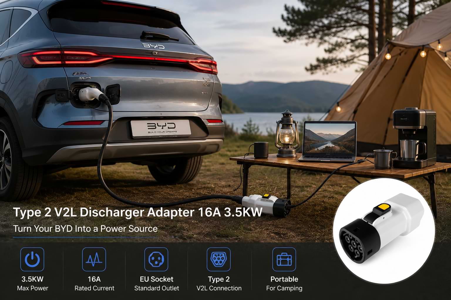BYD Type 2 V2L Discharger Adapter 16A 3.5kW EU Socket powering camping appliances from a BYD electric vehicle