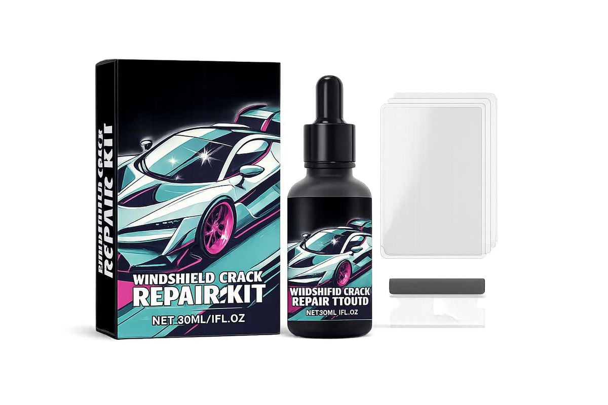 BYD windshield crack repair kit with repair resin, curing strips, scraper blade, and applicator for repairing windshield chips and small cracks.
