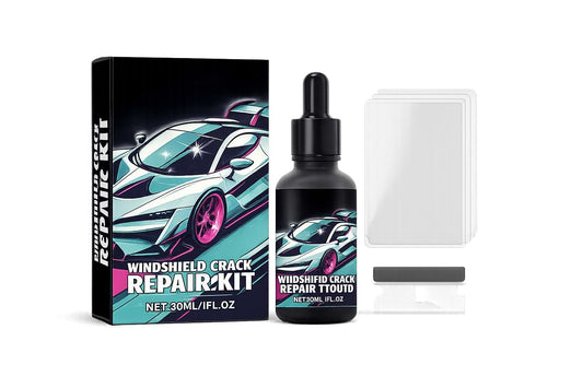 BYD windshield crack repair kit with repair resin, curing strips, scraper blade, and applicator for repairing windshield chips and small cracks.