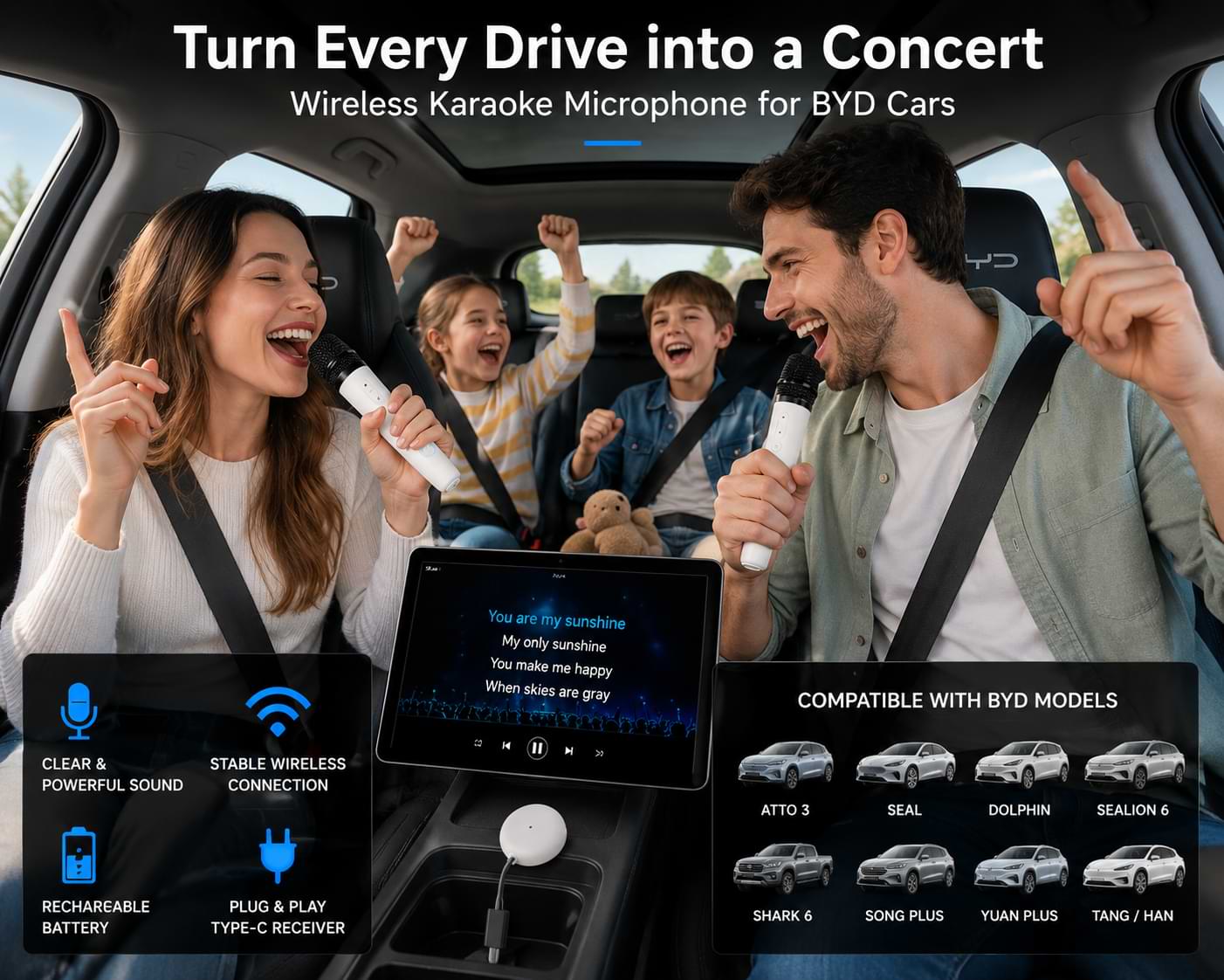 Wireless Car Karaoke Microphone for BYD Vehicles with Type-C Connection