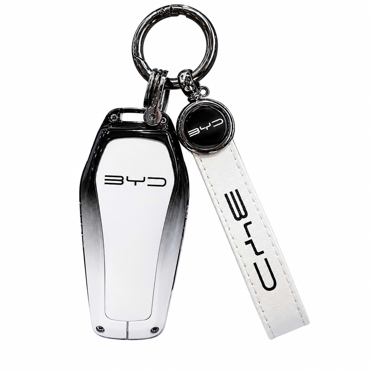 Premium zinc alloy and leather car key case cover with keychain for BYD Song Plus, Atto 3, Han EV, Qin, Seal and Dolphin smart key fob protection.