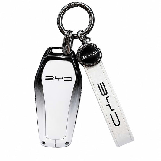 Premium zinc alloy and leather car key case cover with keychain for BYD Song Plus, Atto 3, Han EV, Qin, Seal and Dolphin smart key fob protection.