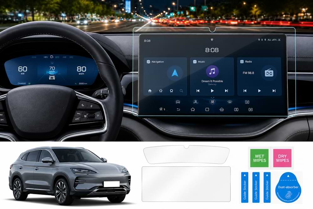 byd_seal Car dashboard with digital display, car exterior, and cleaning products.