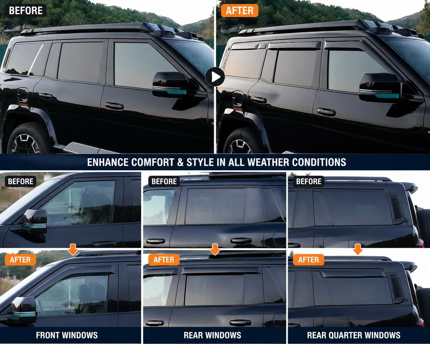 Before and after comparison of DENZA B8 Leopard 8 2025-2026 with custom-fit window visors showing improved rain protection and exterior styling.