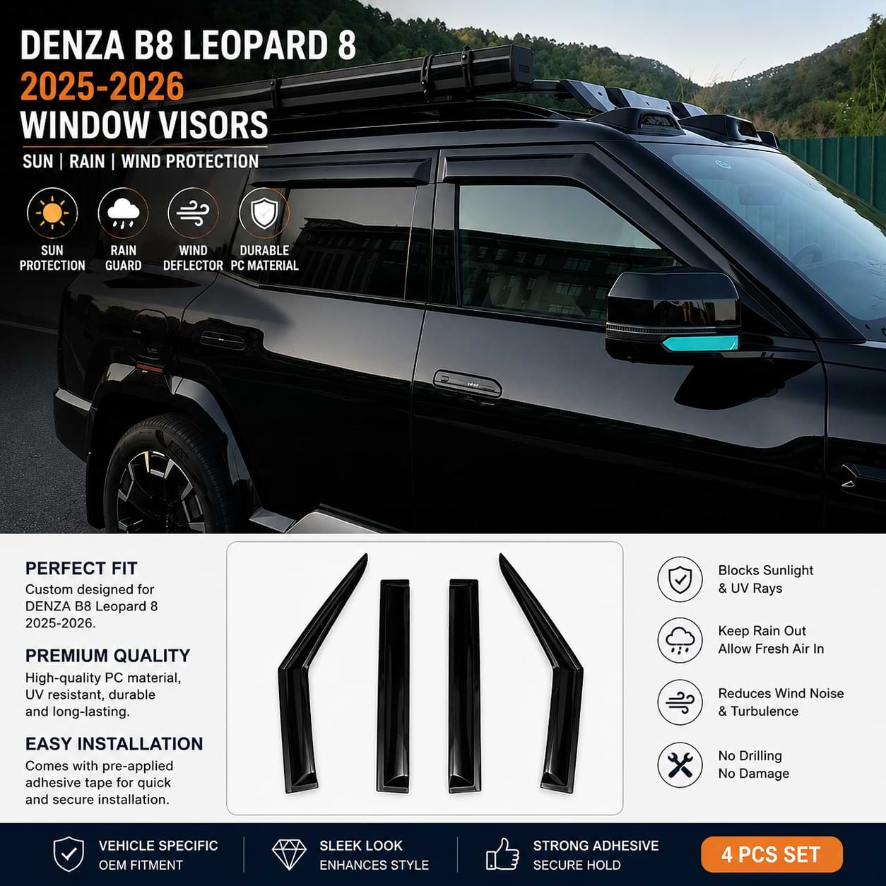 Leopard 8  DENZA B8 2025-2026 Window Visors | Sun & Rain Weather Shields