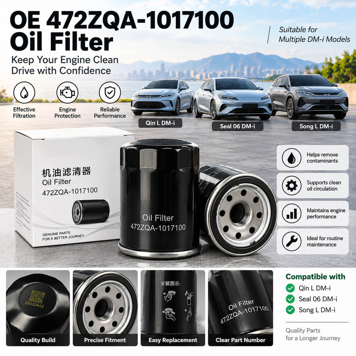 OE 472ZQA-1017100 oil filter for BYD Qin L DM-i, Seal 06 DM-i and Song L DM-i