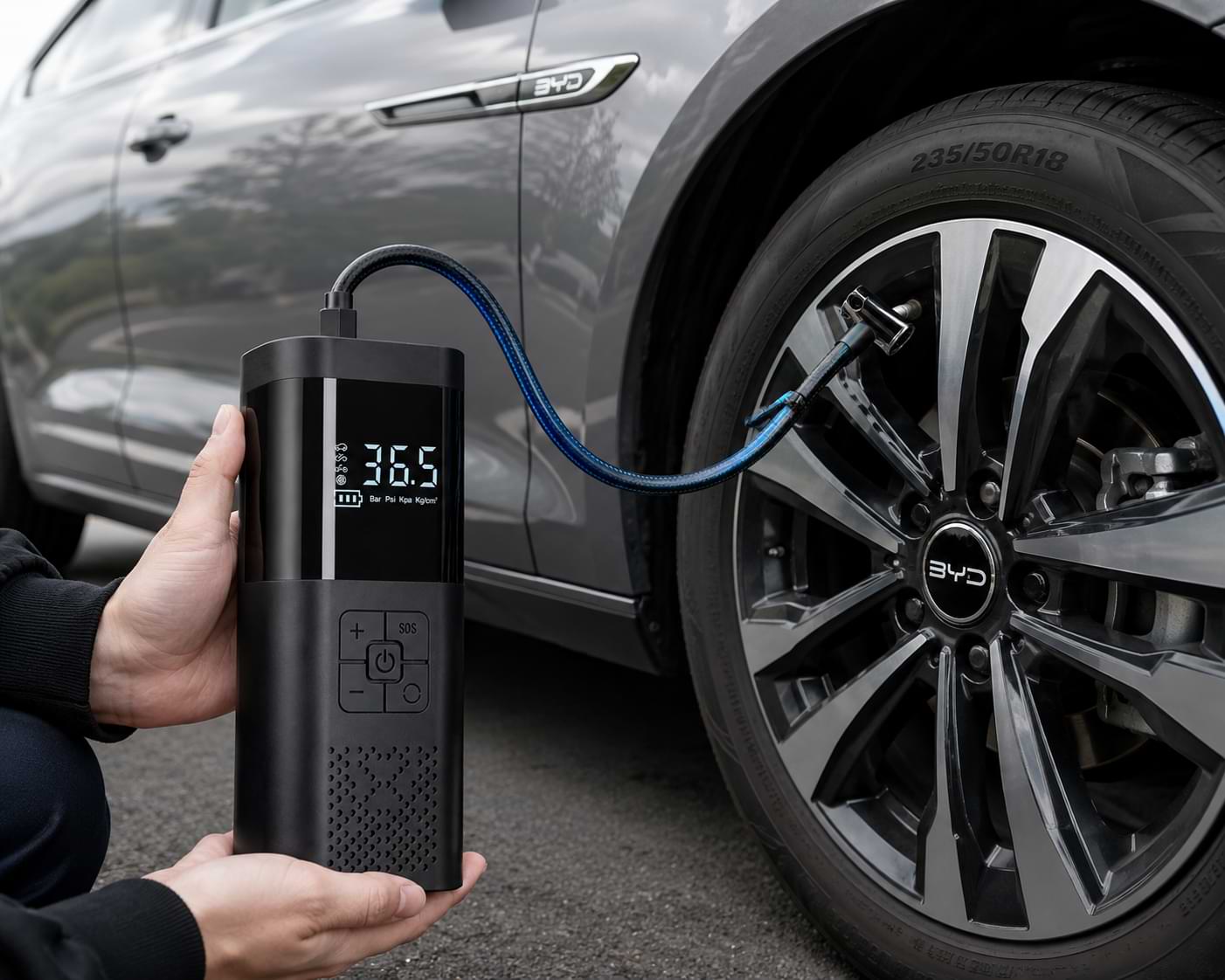 Portable Car Air Compressor in Use with BYD Vehicle Tire Inflation byd car