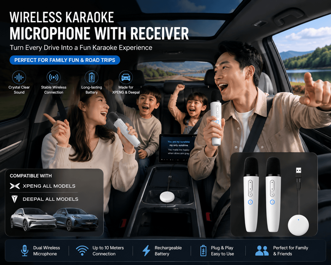 Family enjoying karaoke with wireless microphones inside an XPeng or Deepal car