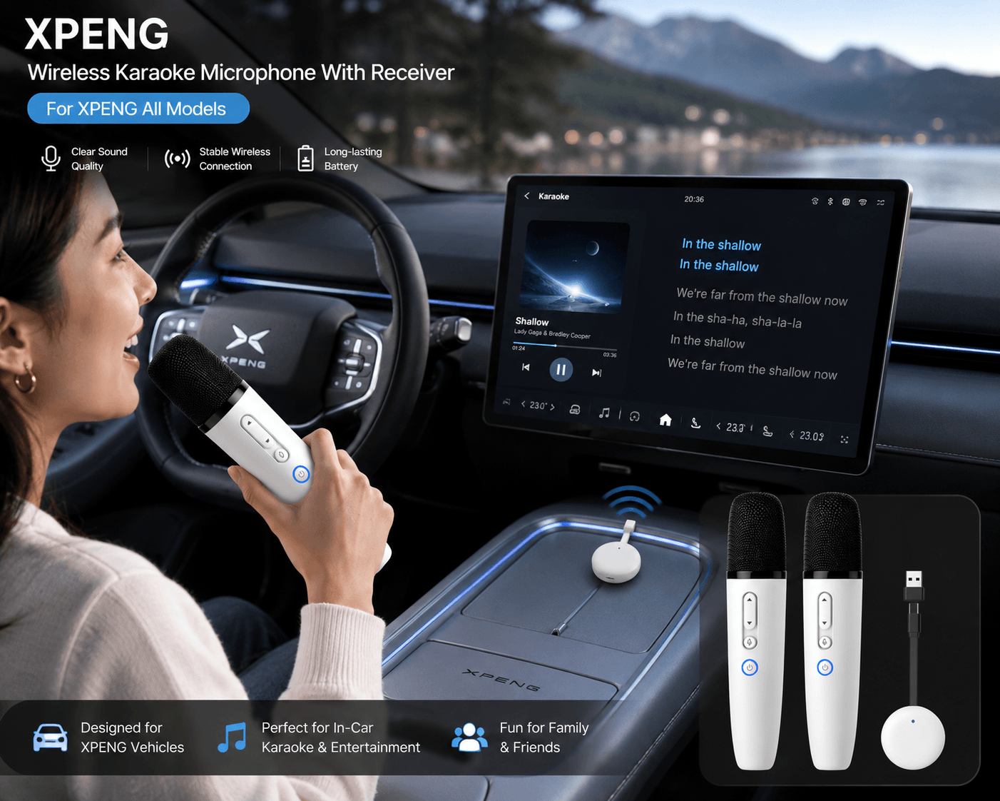 XPeng wireless karaoke microphone with receiver inside car