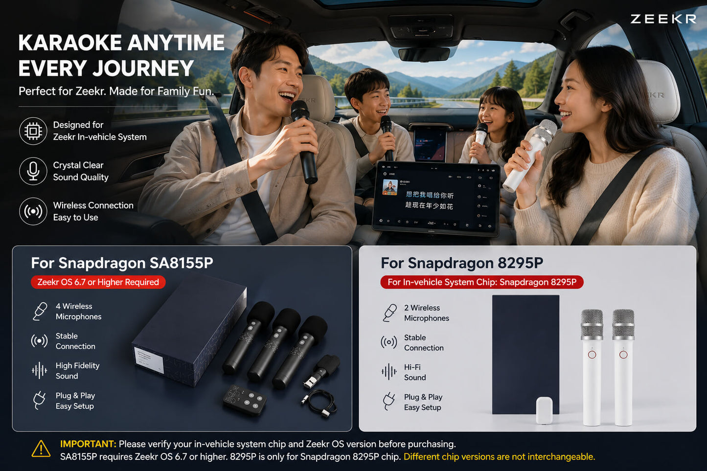 Zeekr car karaoke microphones for Snapdragon SA8155P and 8295P systems