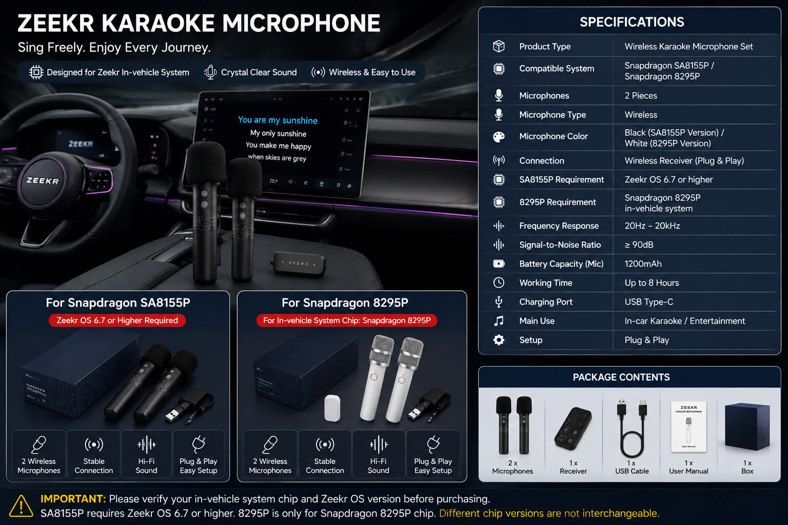 Zeekr wireless karaoke microphone with SA8155P and 8295P compatibility