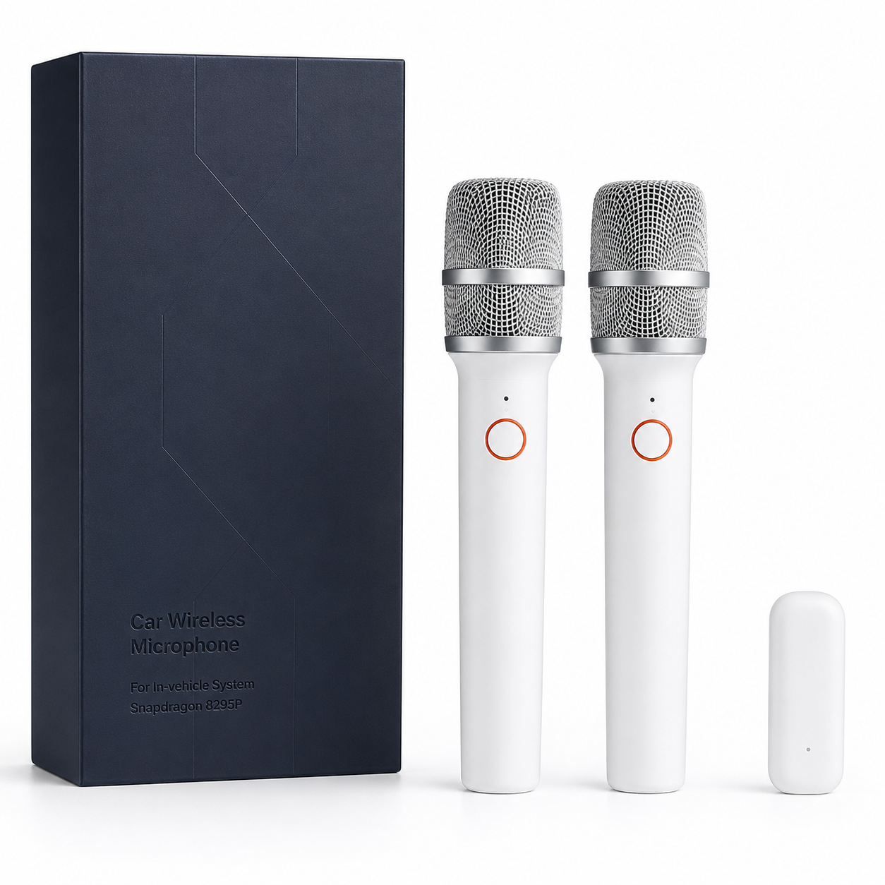 White wireless karaoke microphones with receiver for Zeekr Snapdragon 8295P in-vehicle system